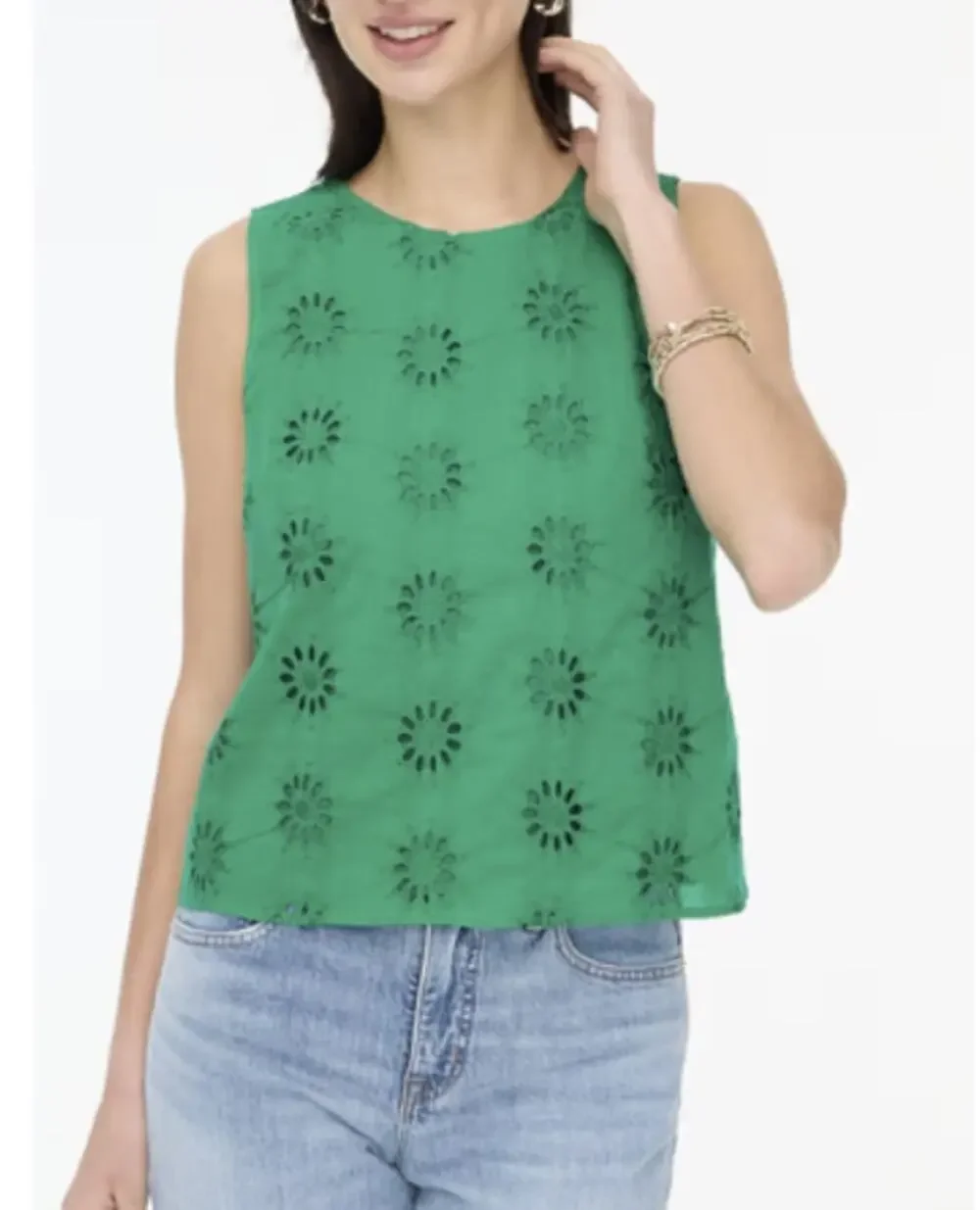 J.Crew Eyelet Shell Tank Top SZ M Dublin Green Lined Sleeveless Crew Neck Cotton